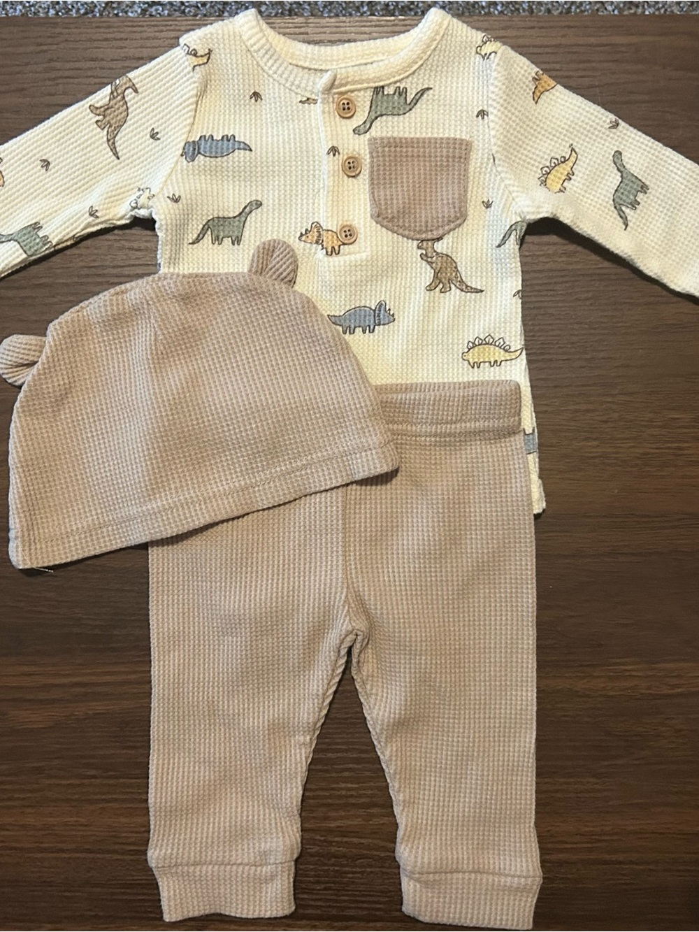 Cream & Tan Dino Baby Matching Hat and Pant Set - Unbranded